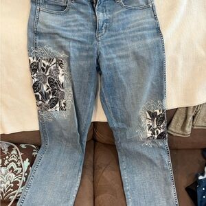 White House Black Market Blue Jeans with Black Floral Accents